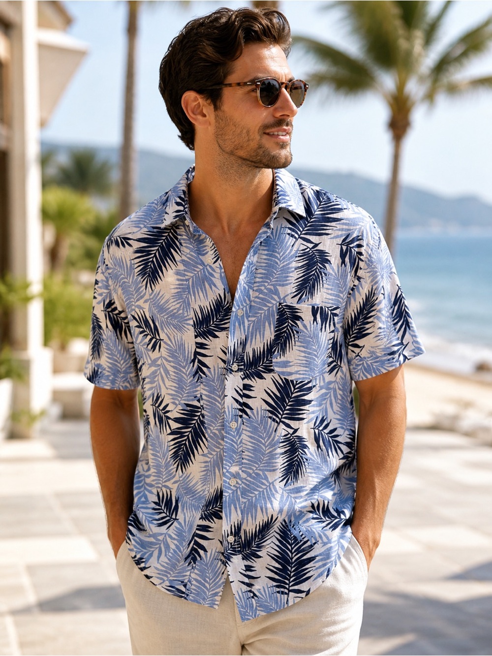 Lands End 100% Linen Short Sleeve Button-Up Shirt Men’s L - Tropical Palm Print